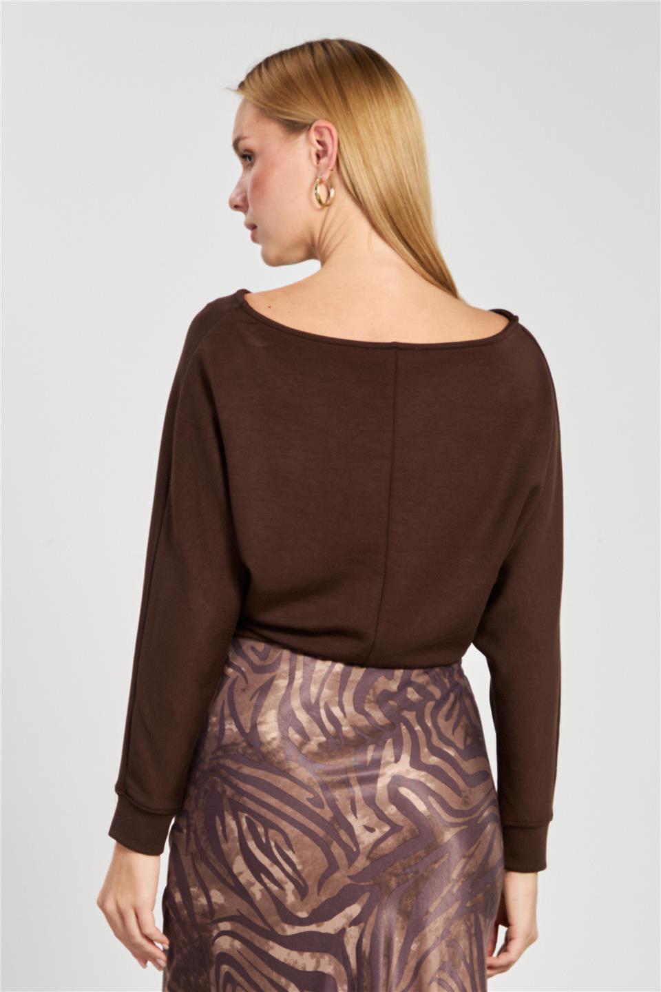 Kadın Geniş Yaka Sweatshirt - Kahve