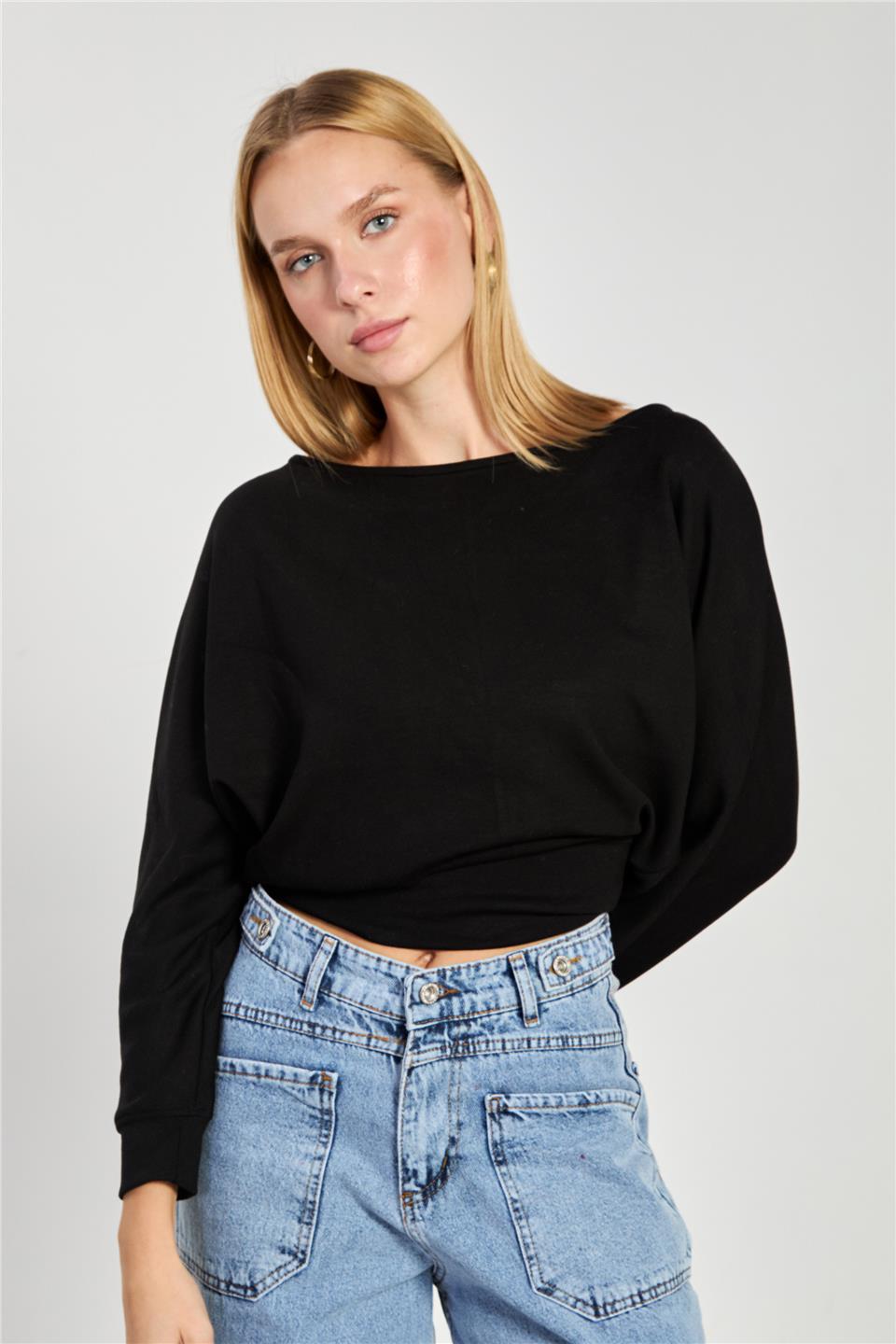 Kadın Geniş Yaka Sweatshirt - Siyah