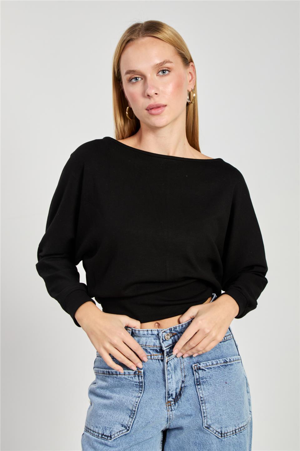 Kadın Geniş Yaka Sweatshirt - Siyah