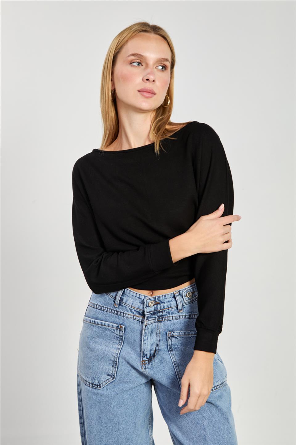 Kadın Geniş Yaka Sweatshirt - Siyah