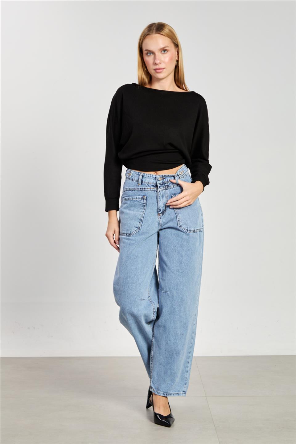 Kadın Geniş Yaka Sweatshirt - Siyah