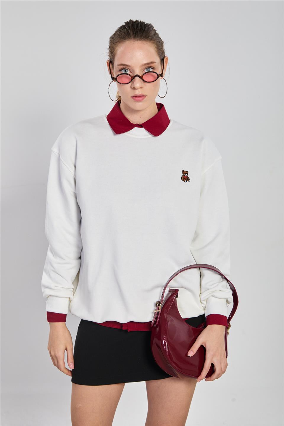 Kadın Göğsü Ayı Nakışlı Sweatshirt - Ekru