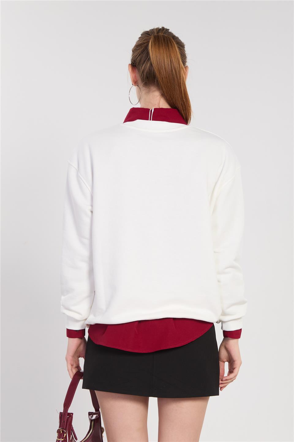 Kadın Göğsü Ayı Nakışlı Sweatshirt - Ekru