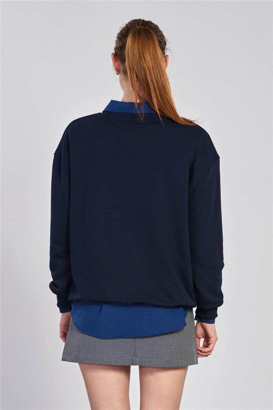 Kadın Göğsü Ayı Nakışlı Sweatshirt - Lacivert