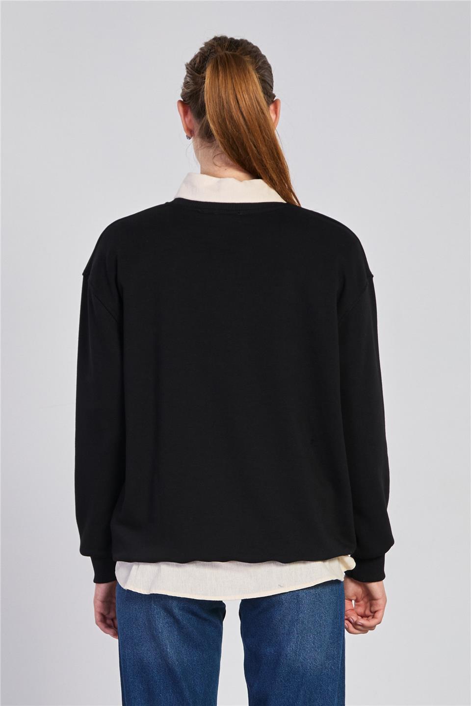 Kadın Göğsü Ayı Nakışlı Sweatshirt - Siyah