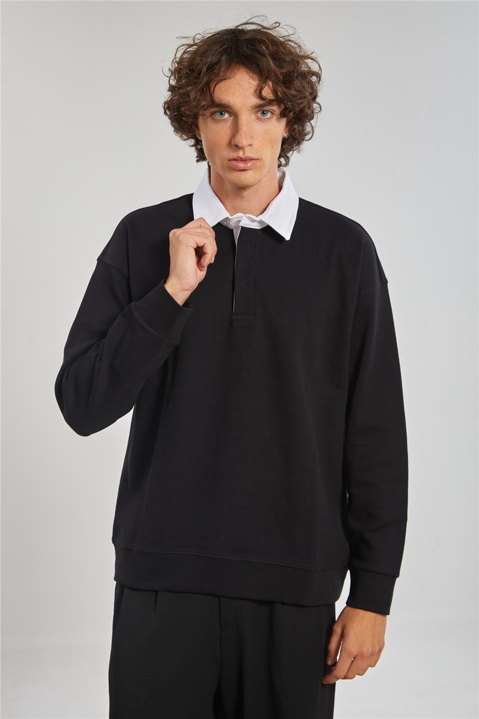 Gömlek Yaka Oversize Erkek Sweatshirt - Siyah