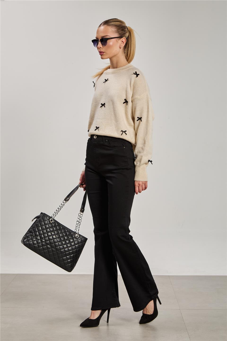 Kadın İspanyol Paça Jean Pantolon - Siyah