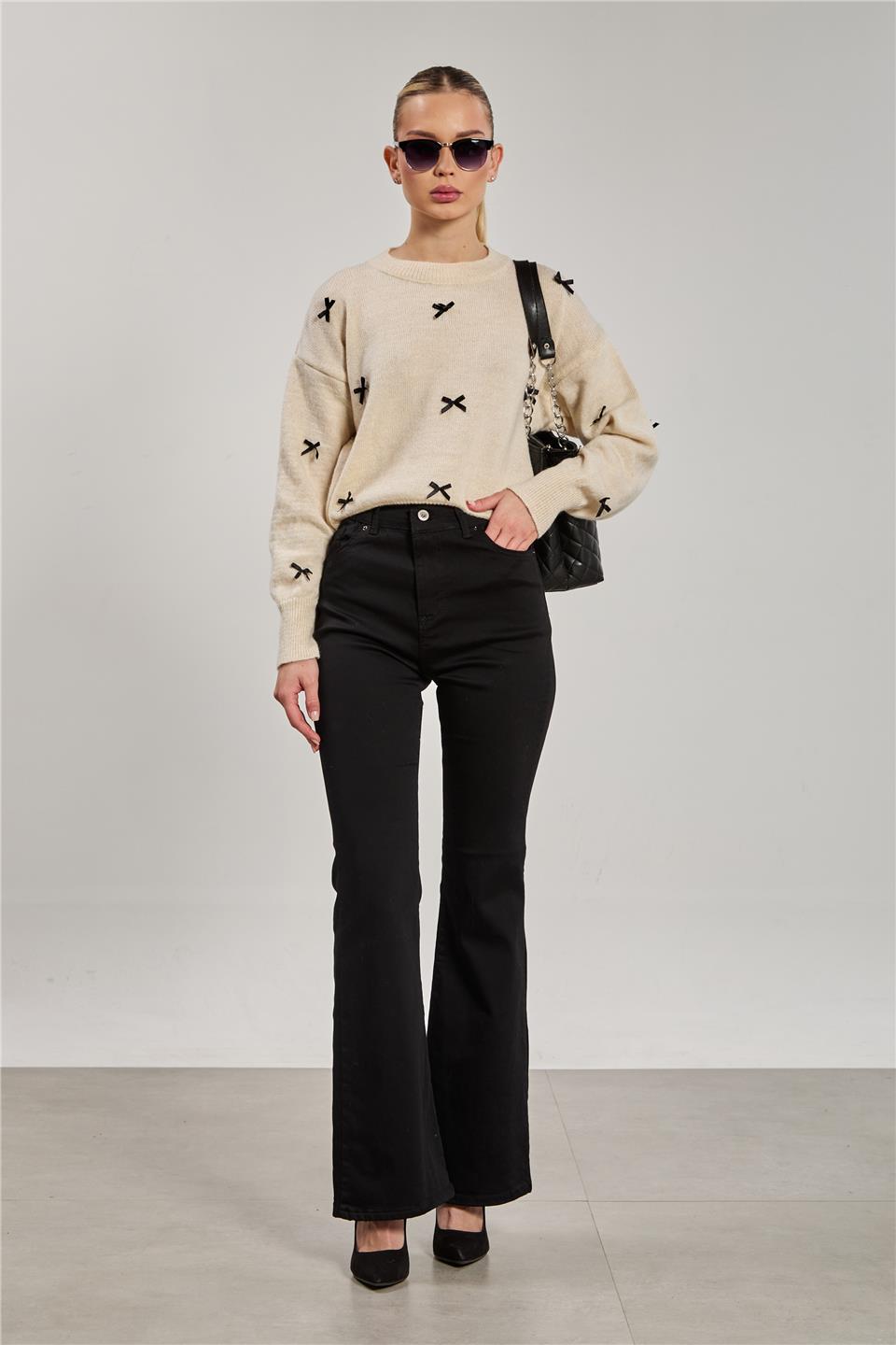 Kadın İspanyol Paça Jean Pantolon - Siyah