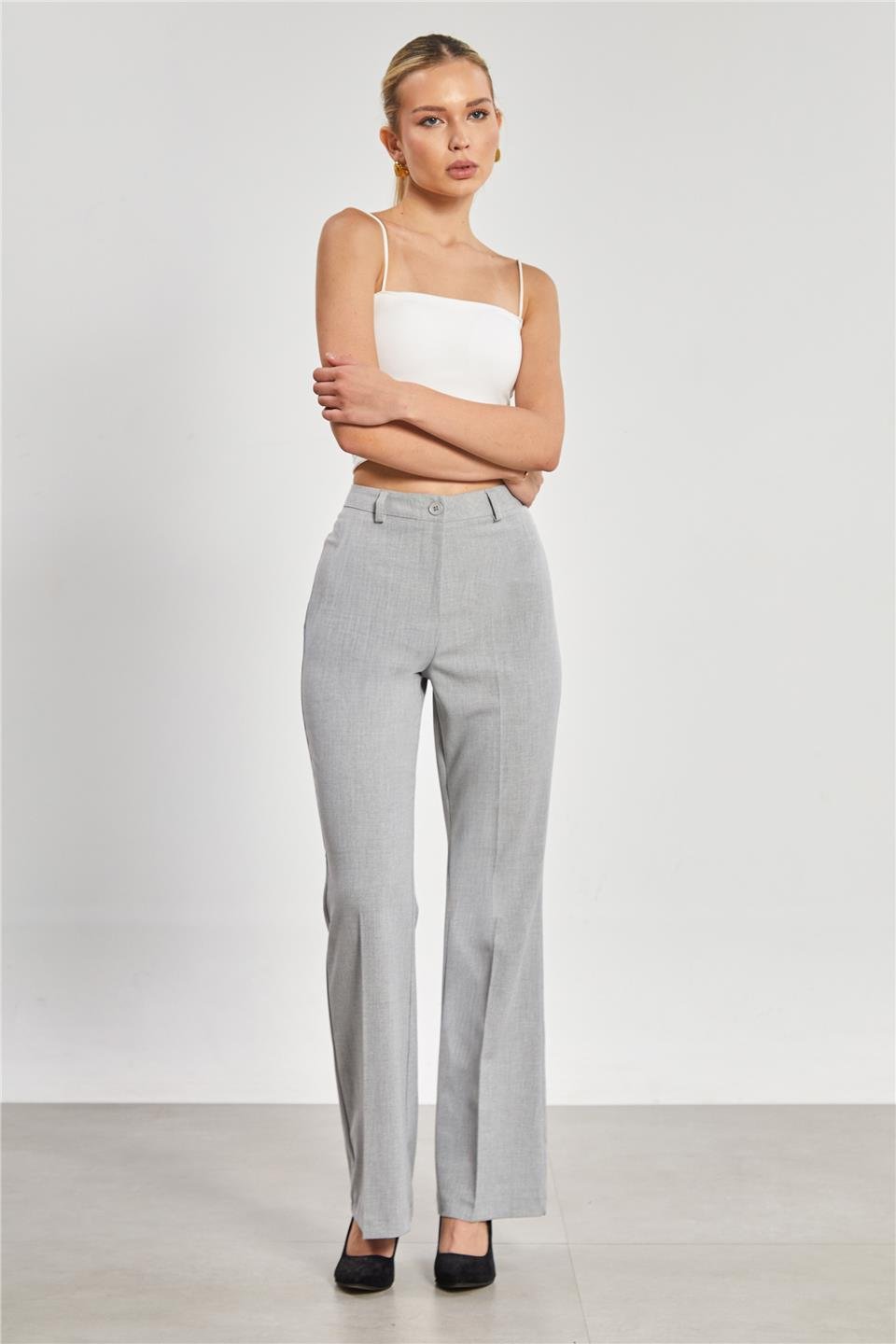 İspanyol Paça Kadın Kumaş Pantolon - Açık Gri