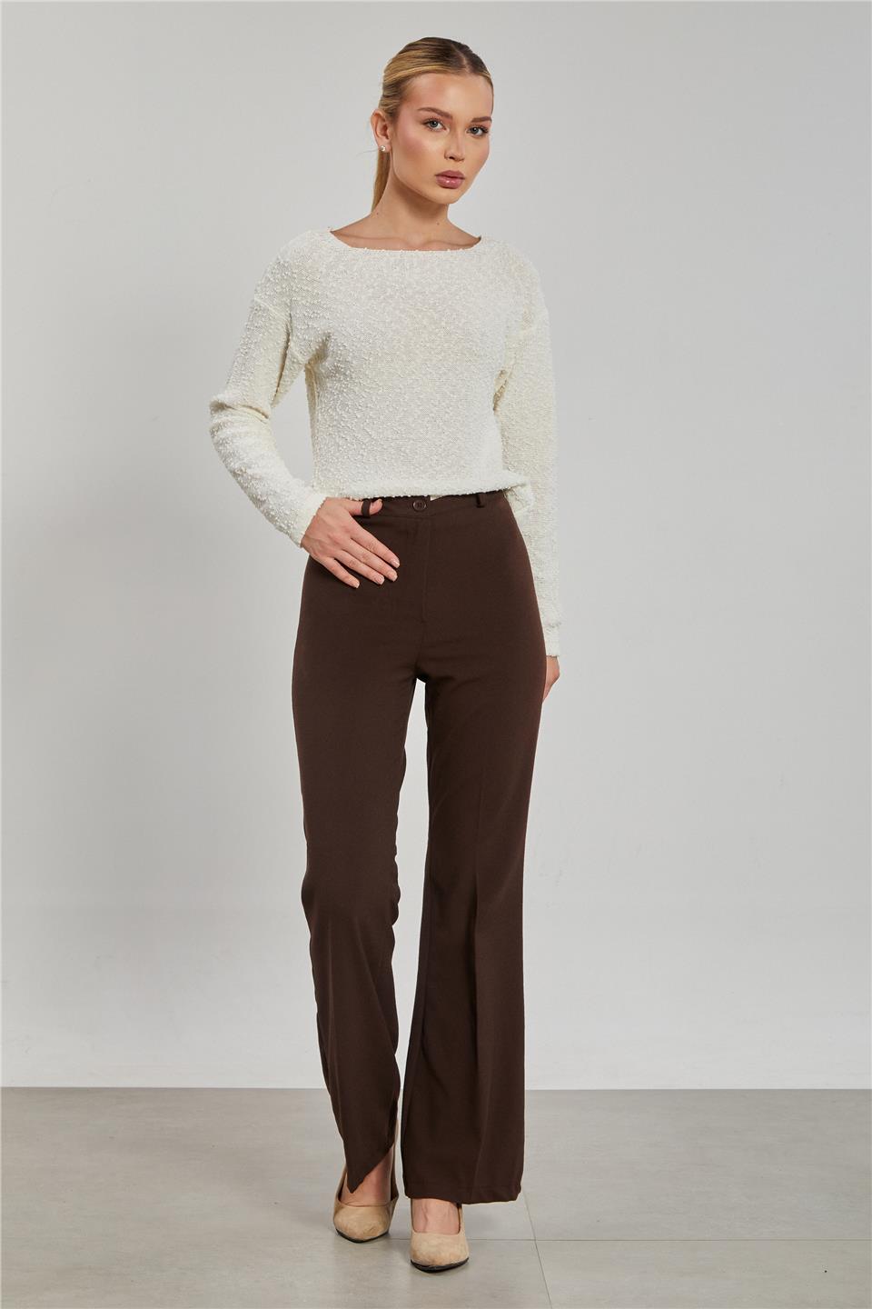 İspanyol Paça Kadın Kumaş Pantolon - Kahve