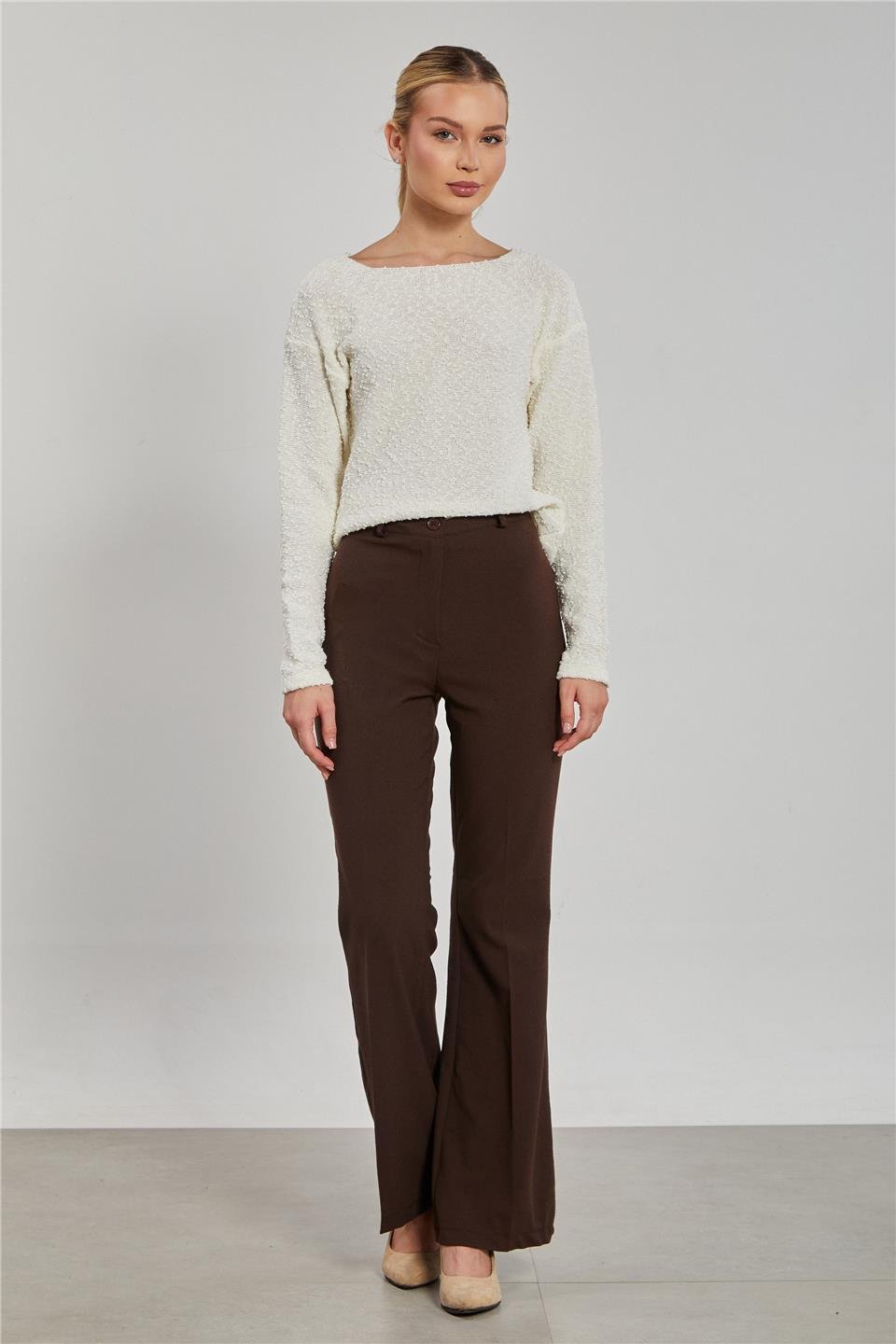 İspanyol Paça Kadın Kumaş Pantolon - Kahve