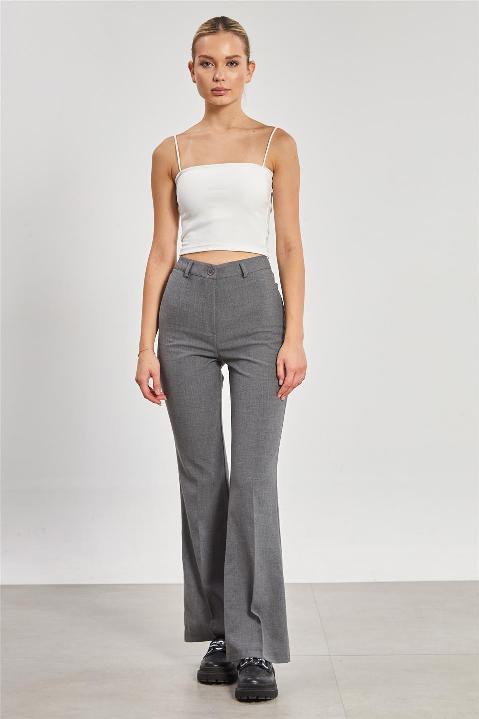 İspanyol Paça Kadın Kumaş Pantolon - Okul Gri