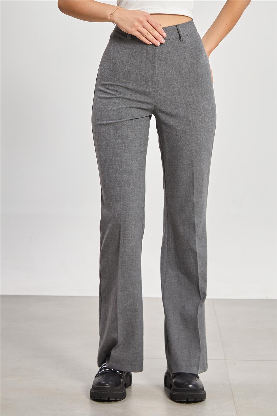 İspanyol Paça Kadın Kumaş Pantolon - Okul Gri