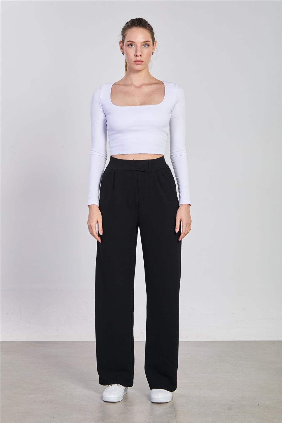 Kadın Beli Cırtlı Pantolon - Siyah