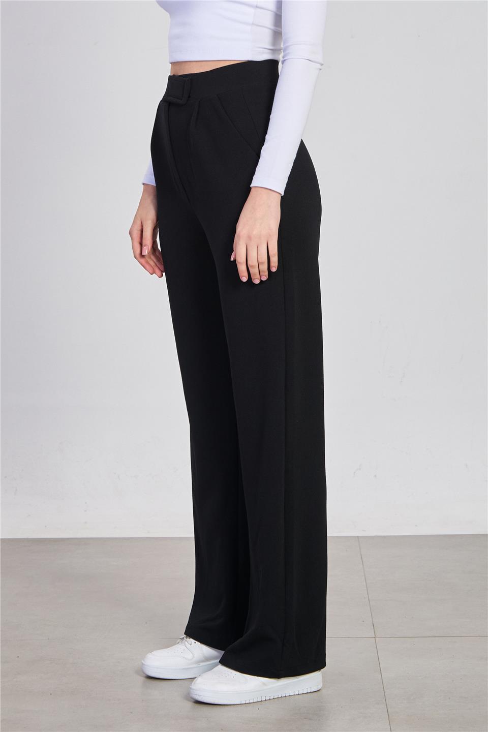 Kadın Beli Cırtlı Pantolon - Siyah
