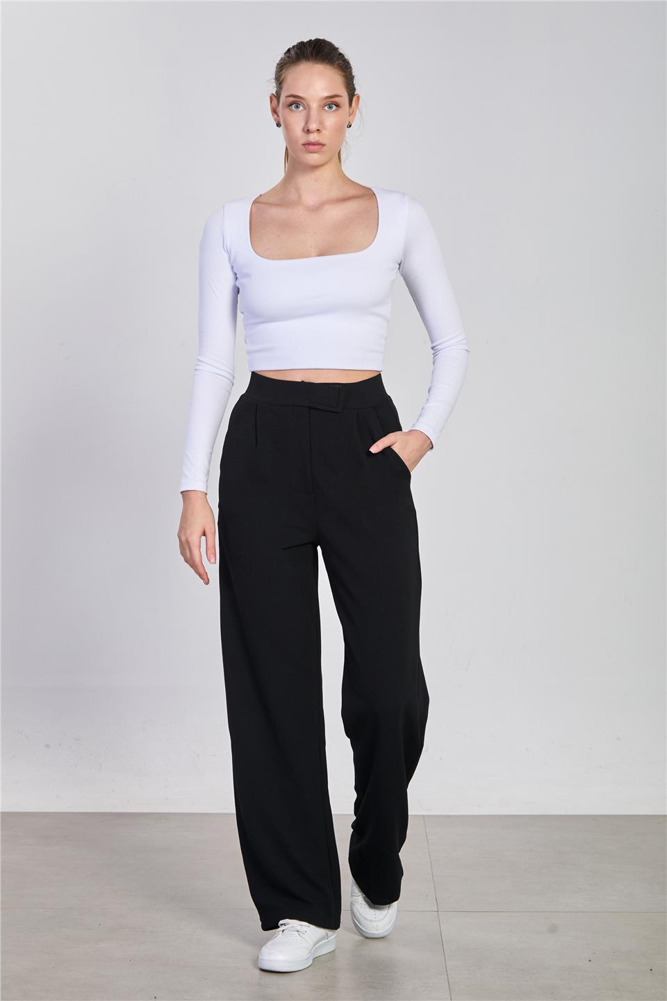 Kadın Beli Cırtlı Pantolon - Siyah