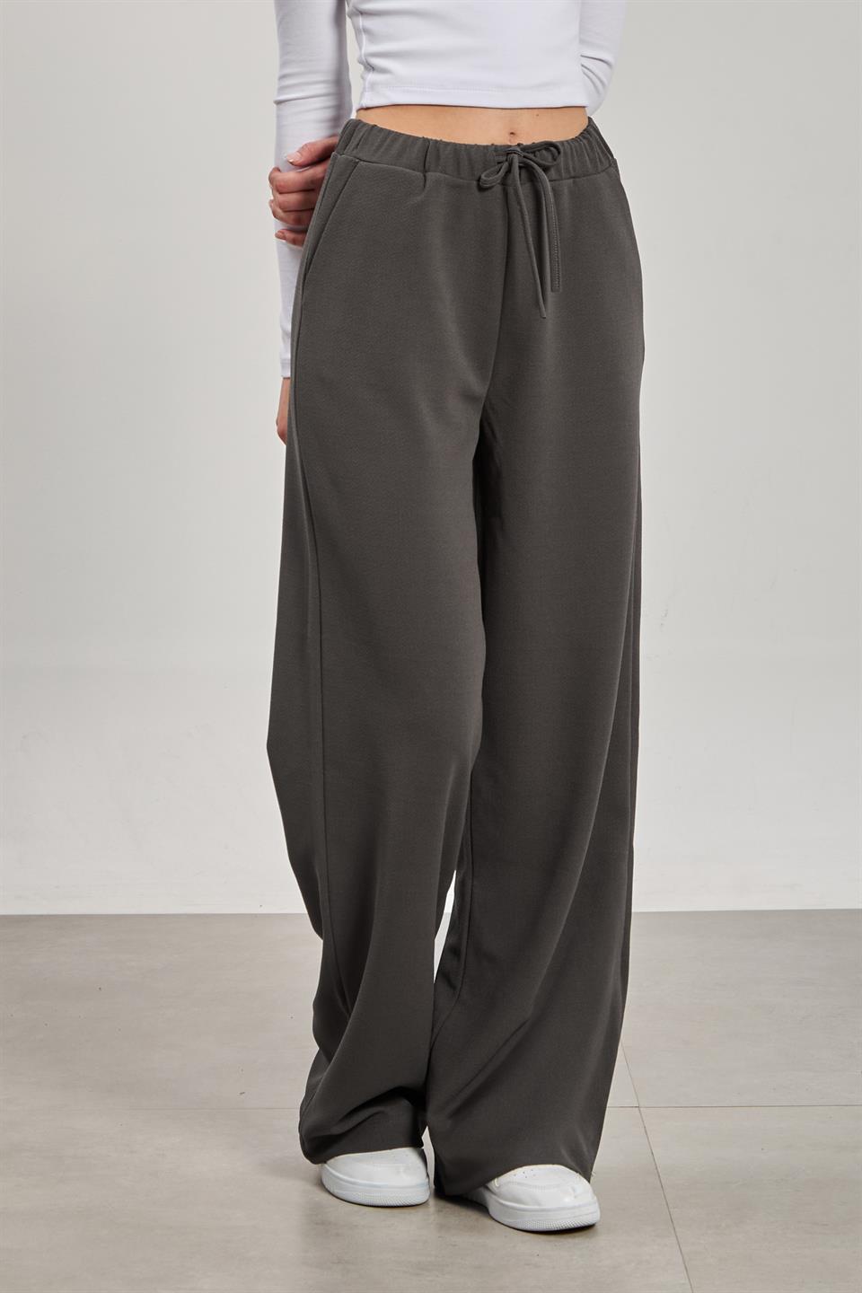 Kadın Beli İpli Bol Paça Pantolon - Antrasit 