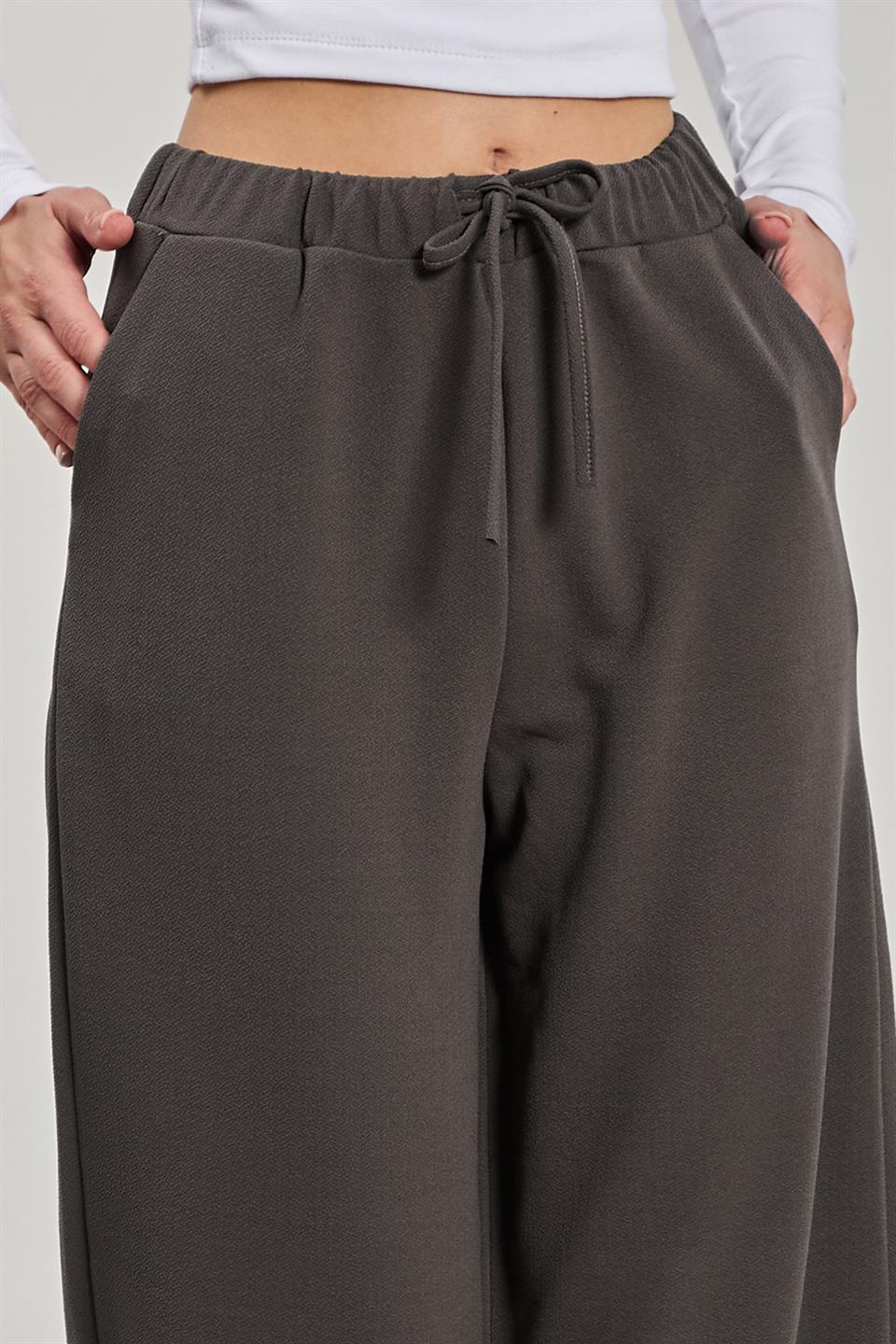 Kadın Beli İpli Bol Paça Pantolon - Antrasit 