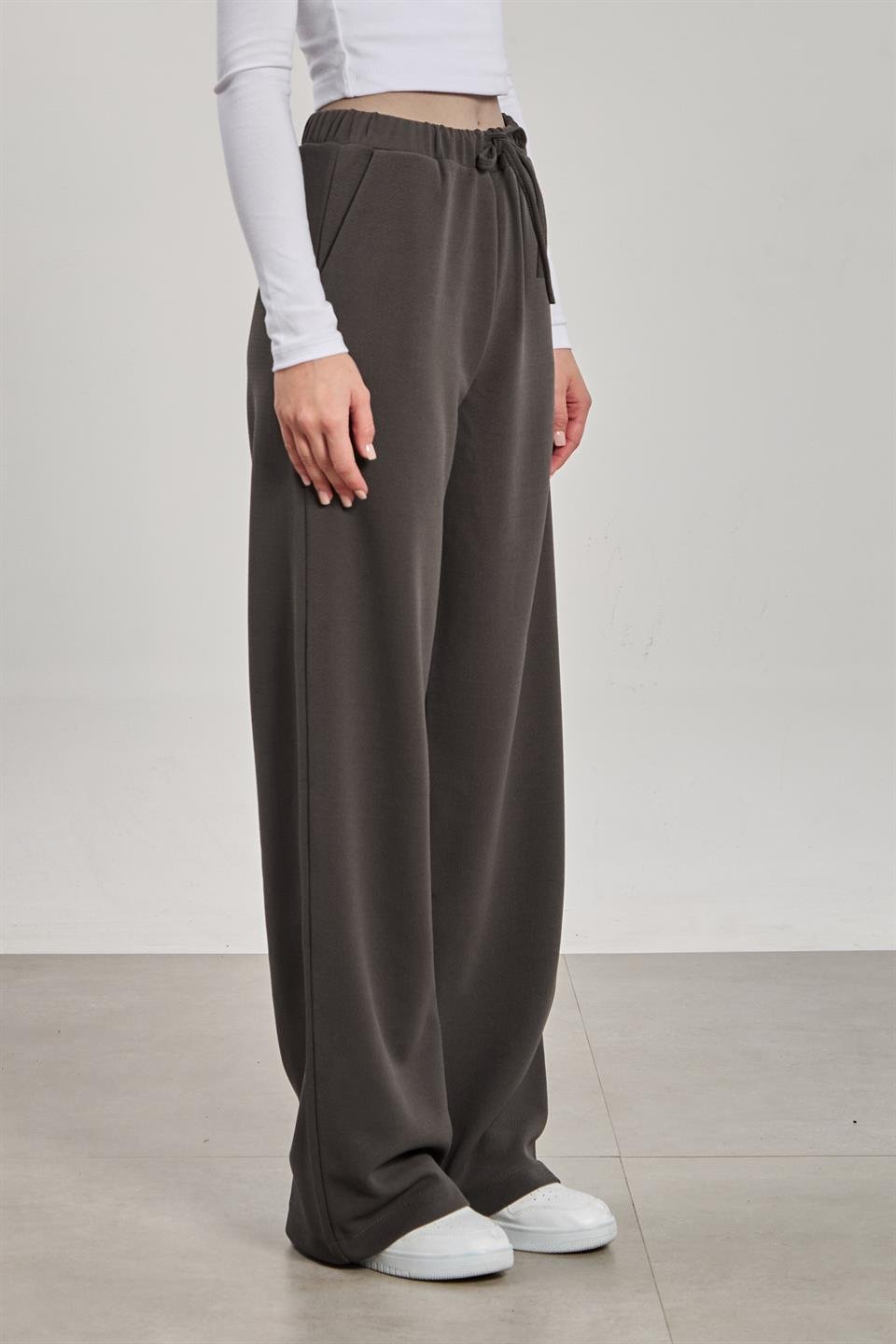 Kadın Beli İpli Bol Paça Pantolon - Antrasit 