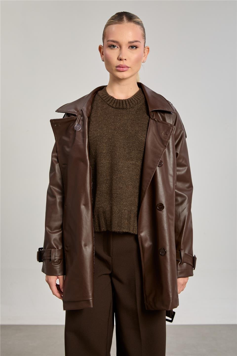 Kadın Beli Kuşaklı Deri Görünümlü Trençkot - Acı Kahve