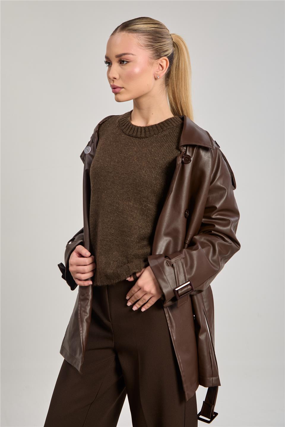 Kadın Beli Kuşaklı Deri Görünümlü Trençkot - Acı Kahve