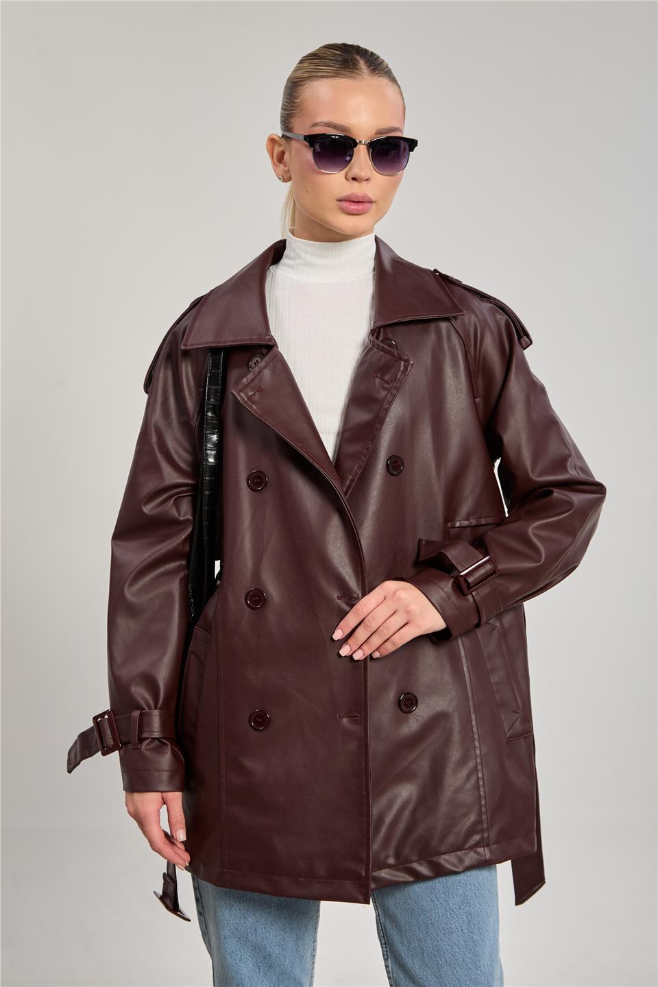 Kadın Beli Kuşaklı Deri Görünümlü Trençkot - Mürdüm