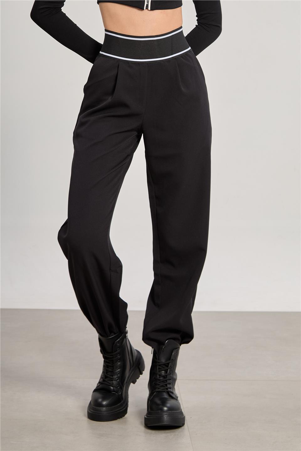 Kadın Beli Lastikli Bol Pantolon - Siyah