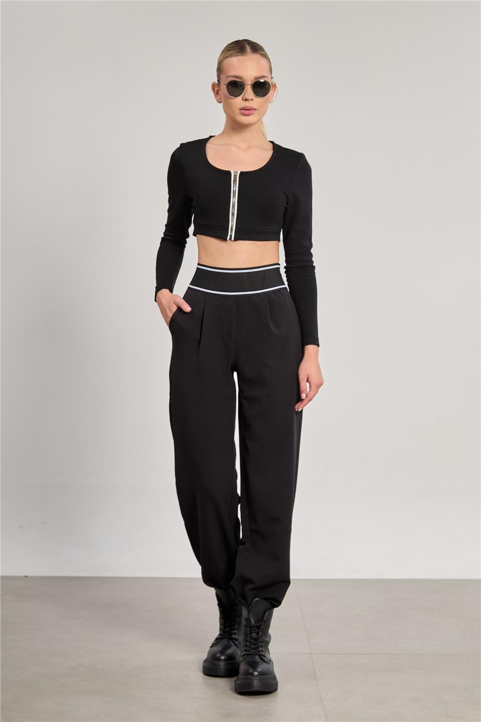Kadın Beli Lastikli Bol Pantolon - Siyah