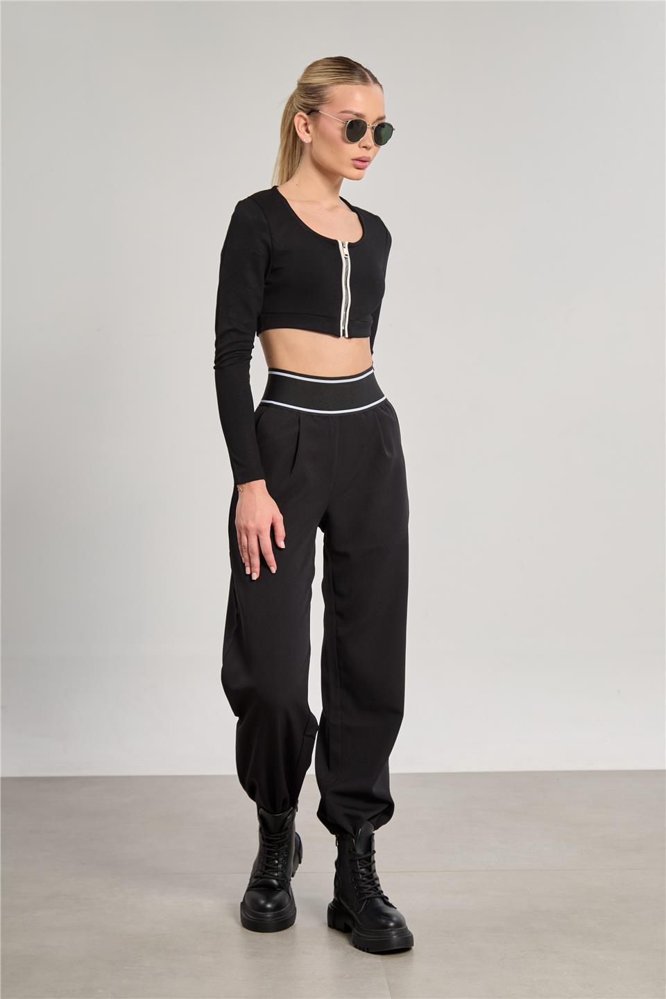 Kadın Beli Lastikli Bol Pantolon - Siyah