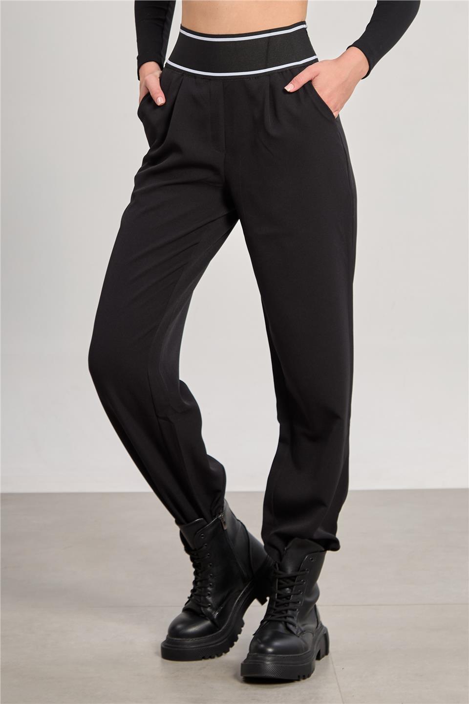 Kadın Beli Lastikli Bol Pantolon - Siyah