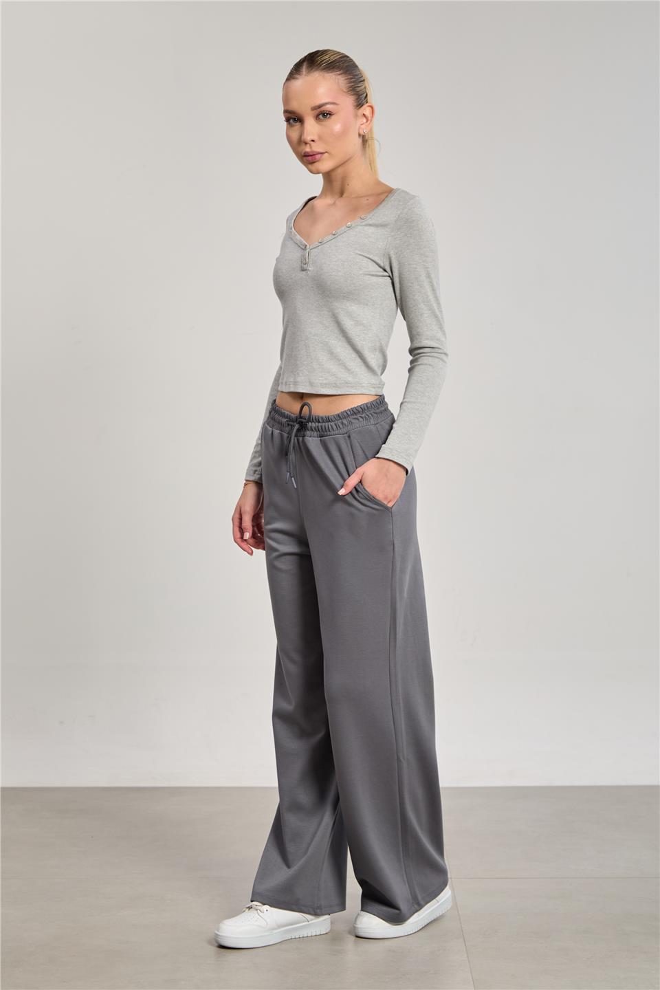 Kadın Beli Lastikli Modal Bol Paça Pantolon - Antrasit 