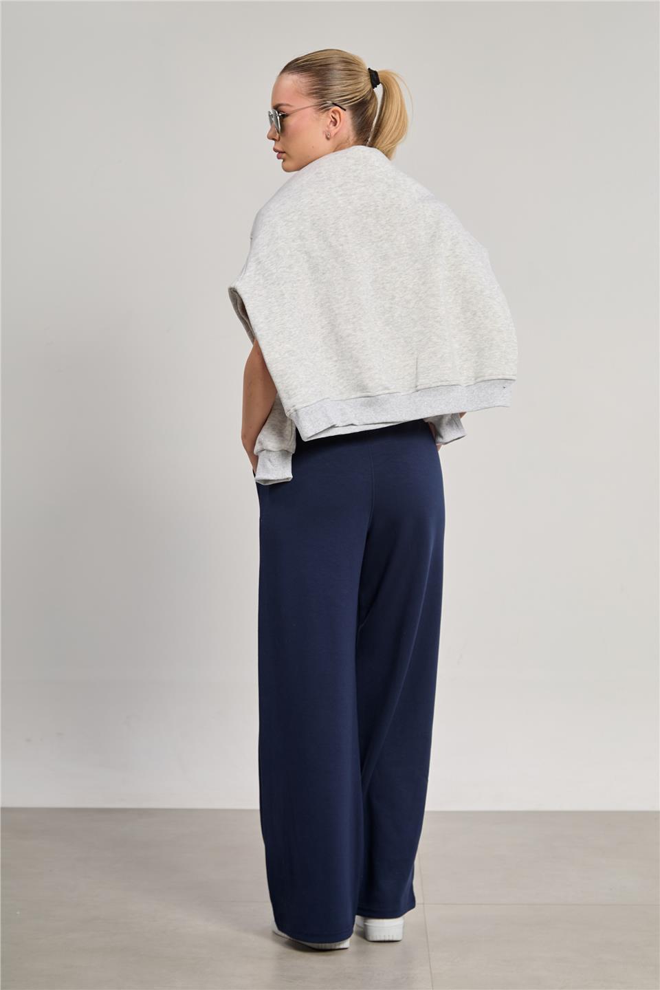 Kadın Beli Lastikli Modal Bol Paça Pantolon - Lacivert