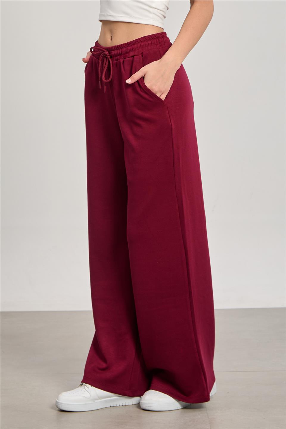 Kadın Beli Lastikli Modal Bol Paça Pantolon - Bordo