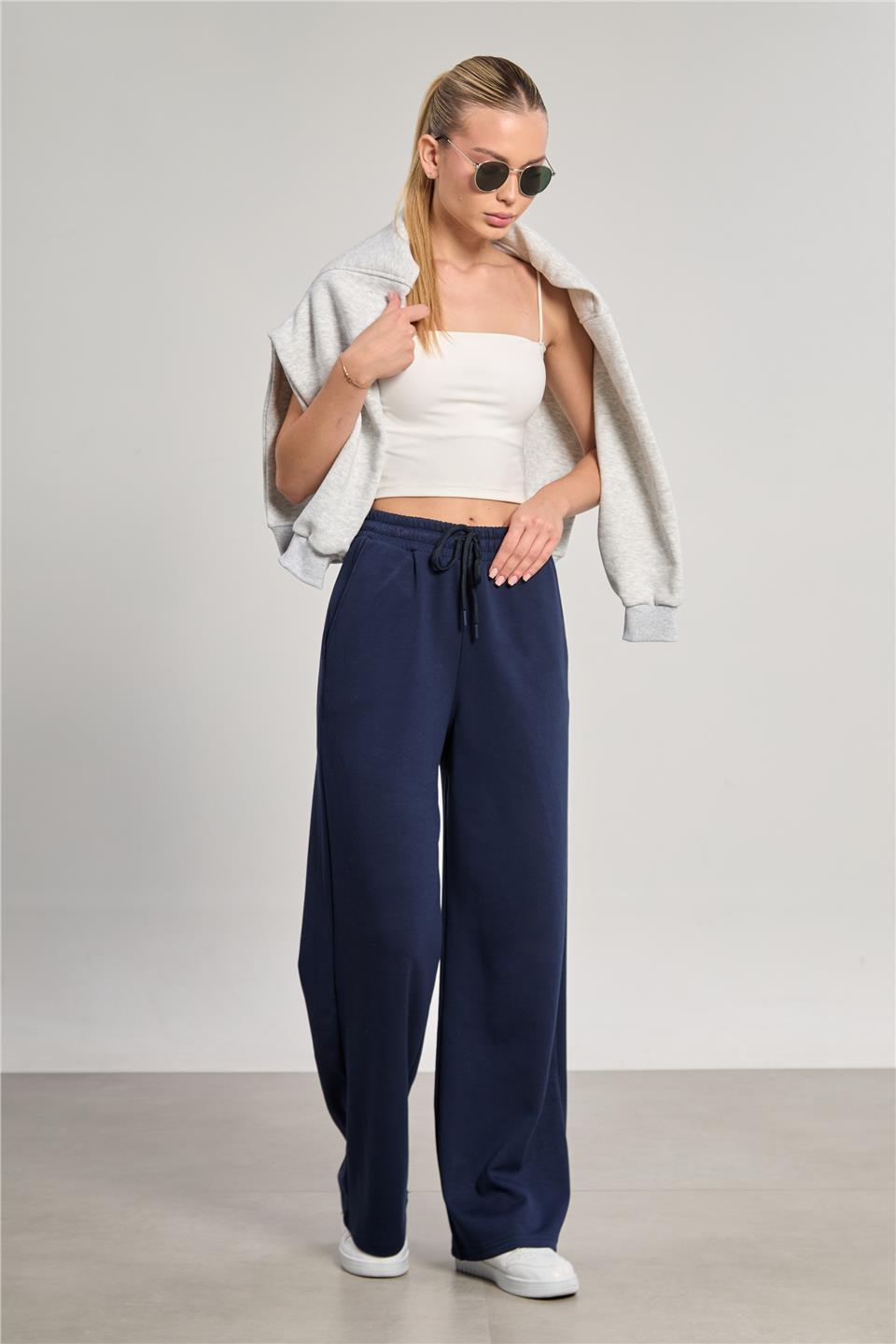 Kadın Beli Lastikli Modal Bol Paça Pantolon - Lacivert