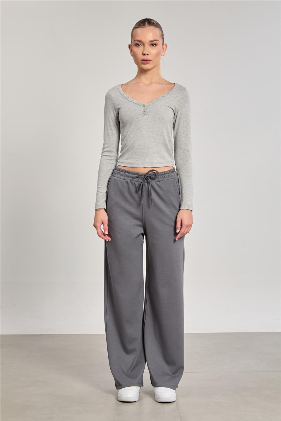 Kadın Beli Lastikli Modal Bol Paça Pantolon - Antrasit 