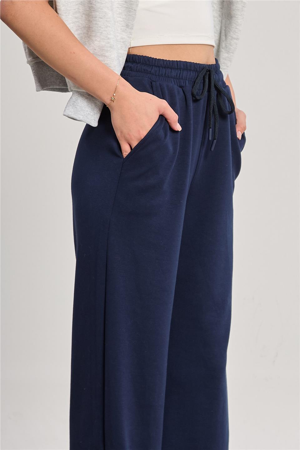 Kadın Beli Lastikli Modal Bol Paça Pantolon - Lacivert