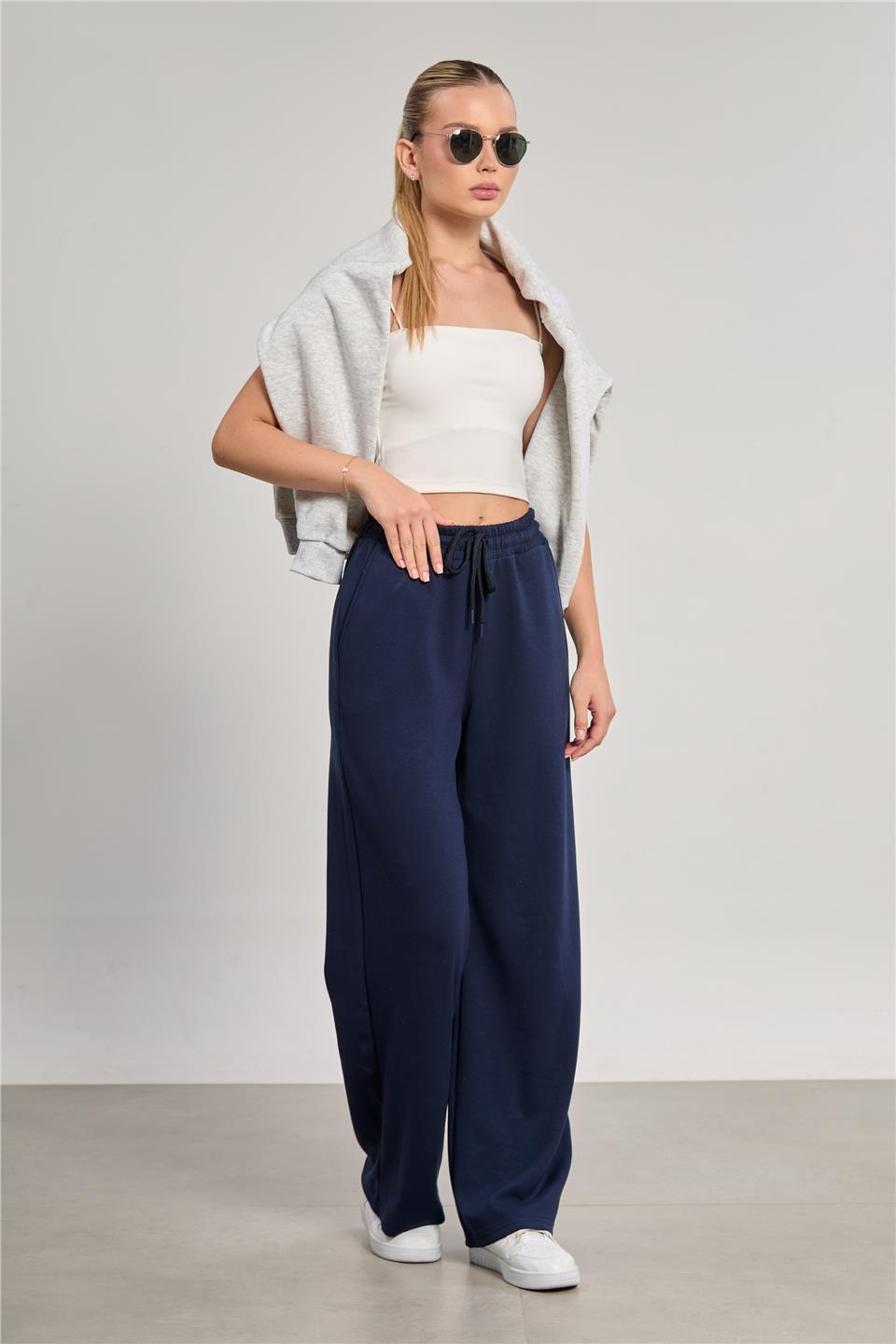 Kadın Beli Lastikli Modal Bol Paça Pantolon - Lacivert