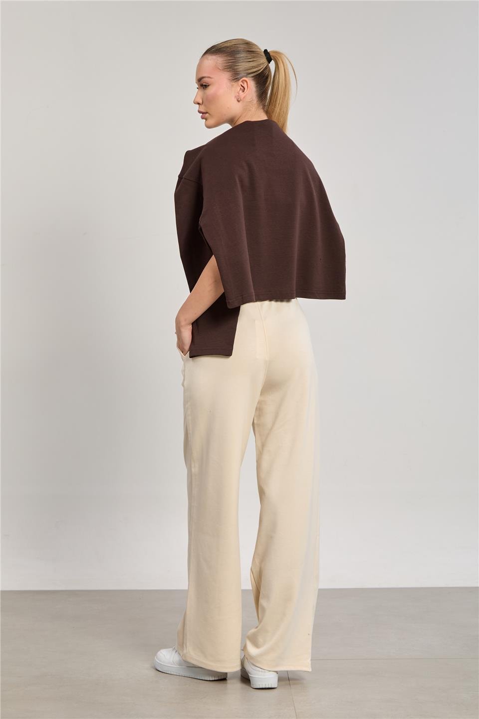 Kadın Beli Lastikli Modal Bol Paça Pantolon - Taş Rengi