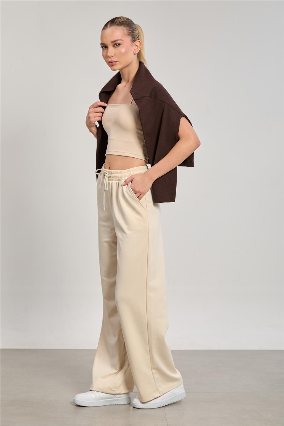 Kadın Beli Lastikli Modal Bol Paça Pantolon - Taş Rengi