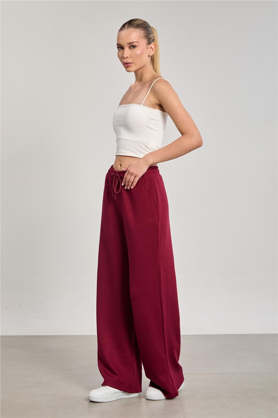 Kadın Beli Lastikli Modal Bol Paça Pantolon - Bordo
