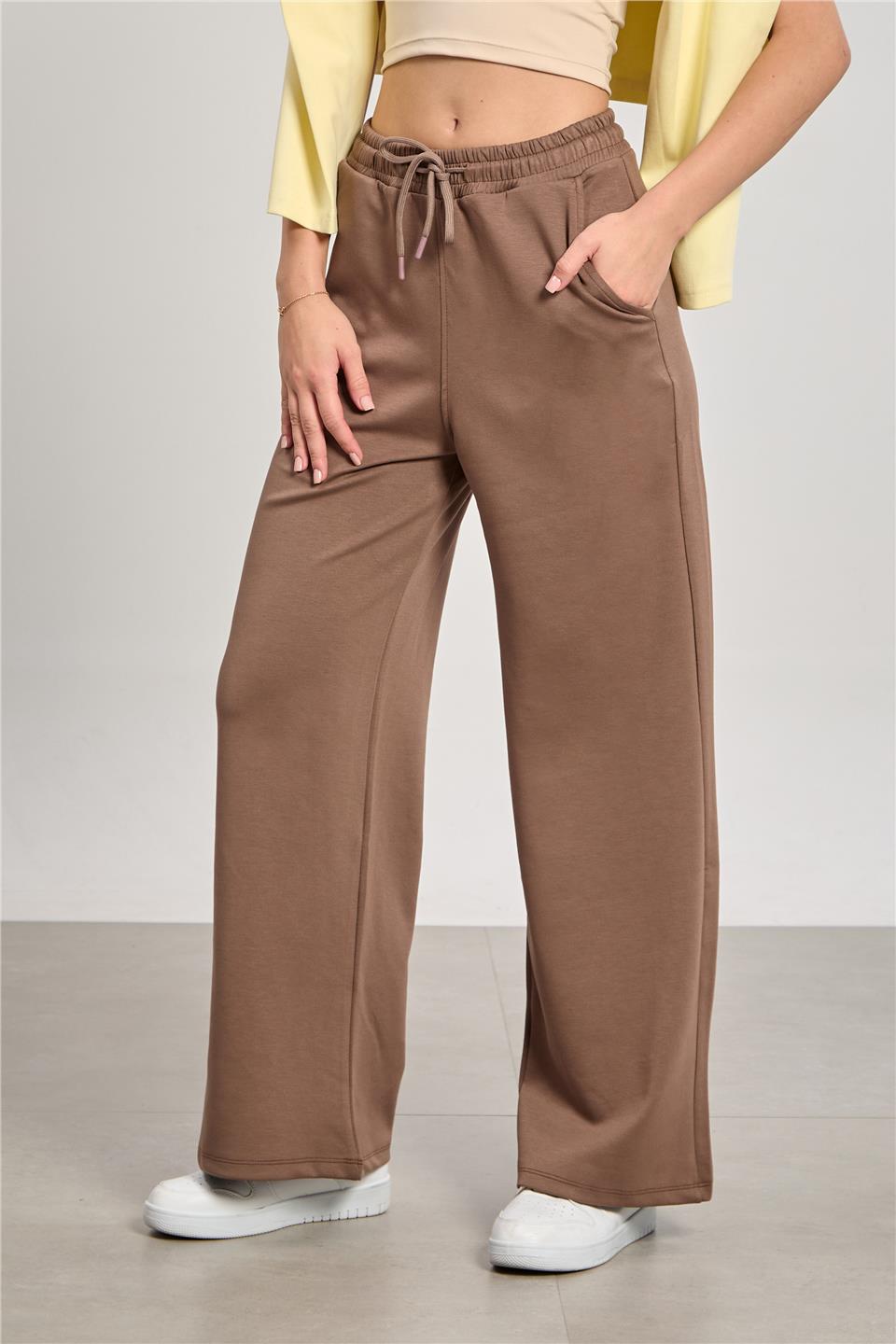Kadın Beli Lastikli Modal Bol Paça Pantolon - Kahve
