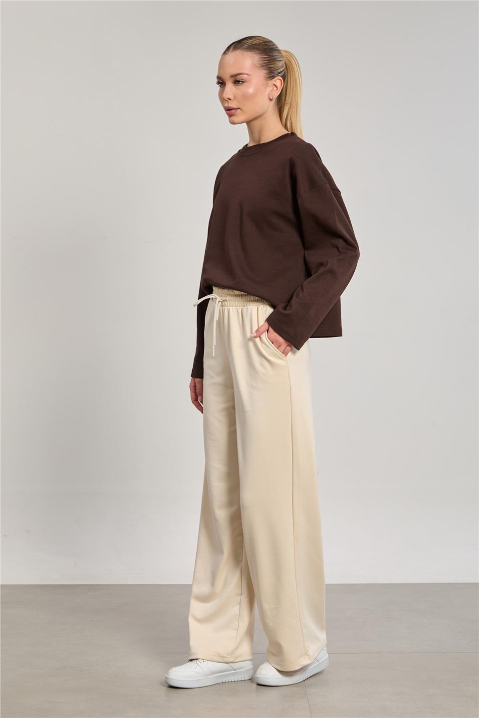 Kadın Beli Lastikli Modal Bol Paça Pantolon - Taş Rengi