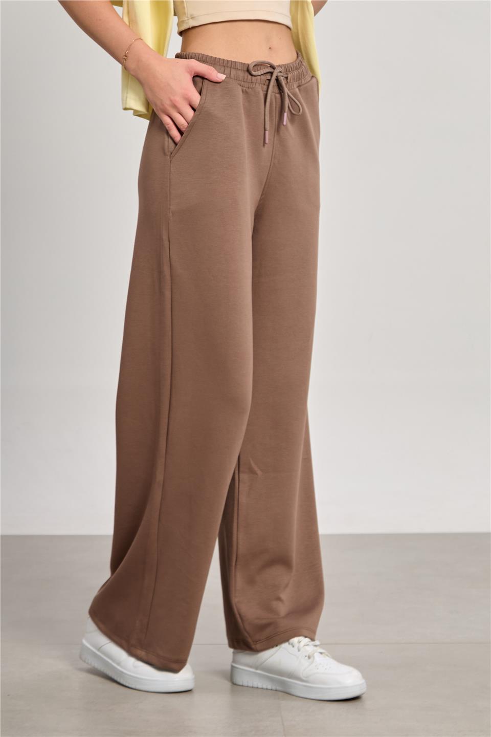 Kadın Beli Lastikli Modal Bol Paça Pantolon - Kahve