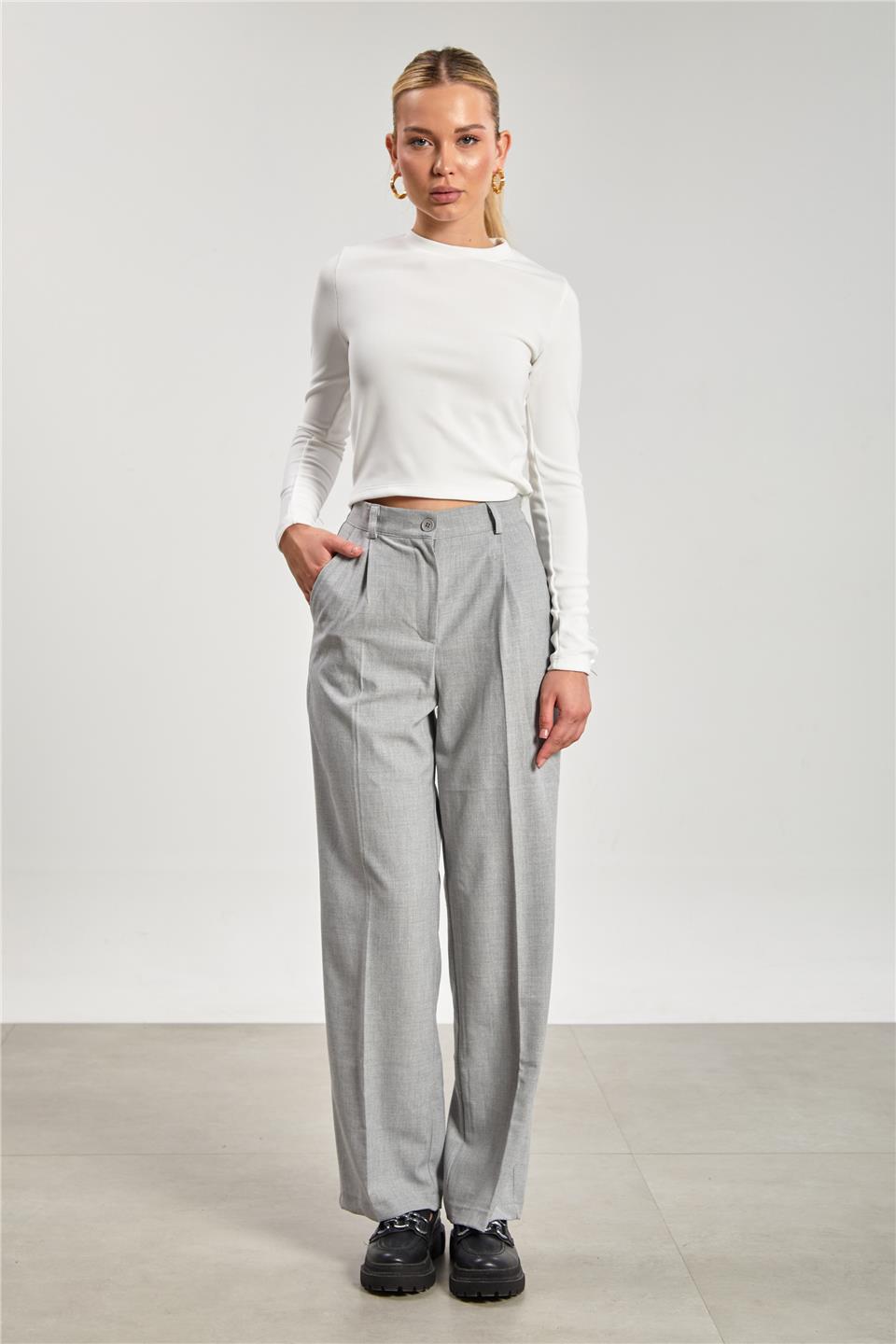 Kadın Beli Lastikli Palazzo Pantolon - Açık Gri