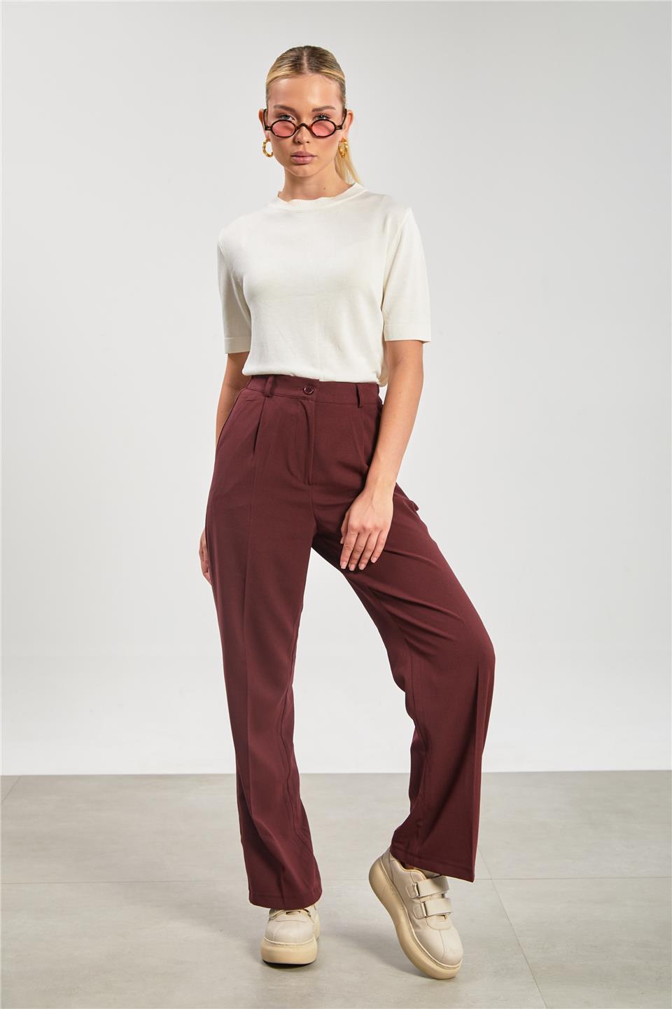 Kadın Beli Lastikli Palazzo Pantolon - Bordo