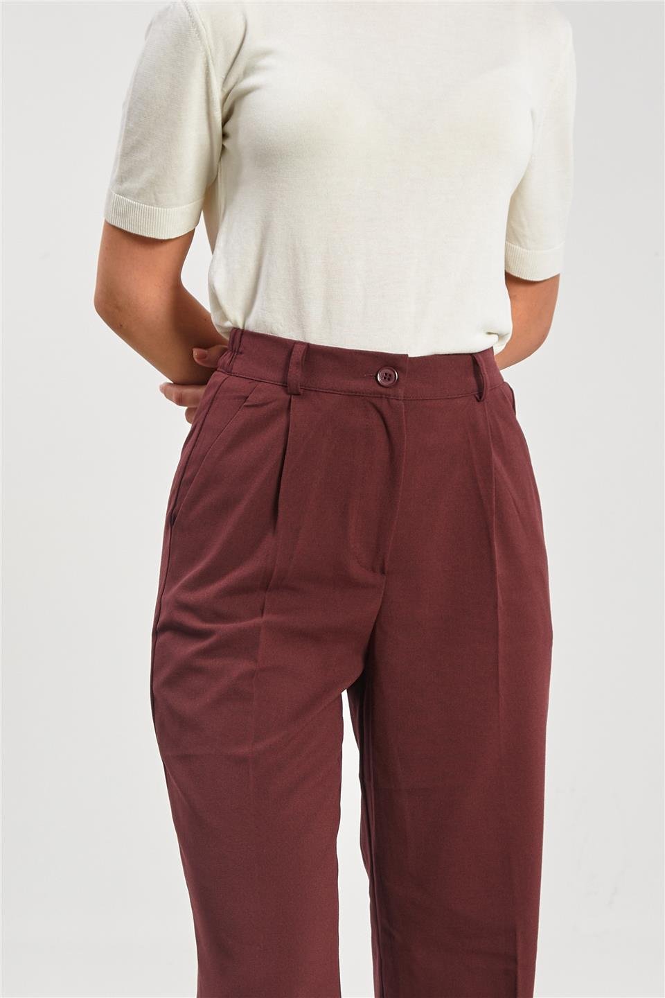 Kadın Beli Lastikli Palazzo Pantolon - Bordo