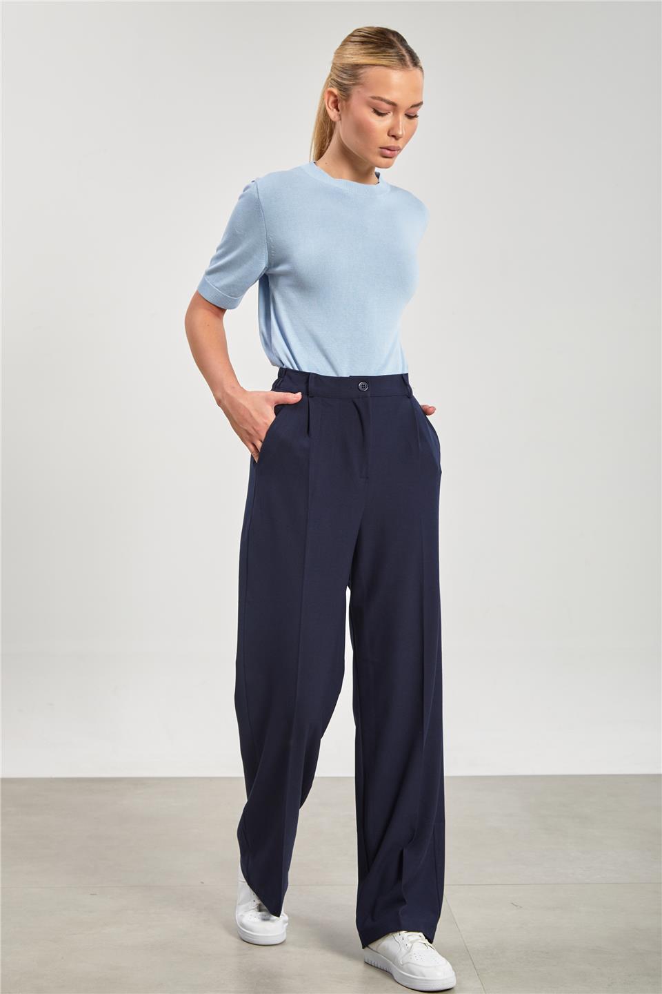 Kadın Beli Lastikli Palazzo Pantolon - Lacivert