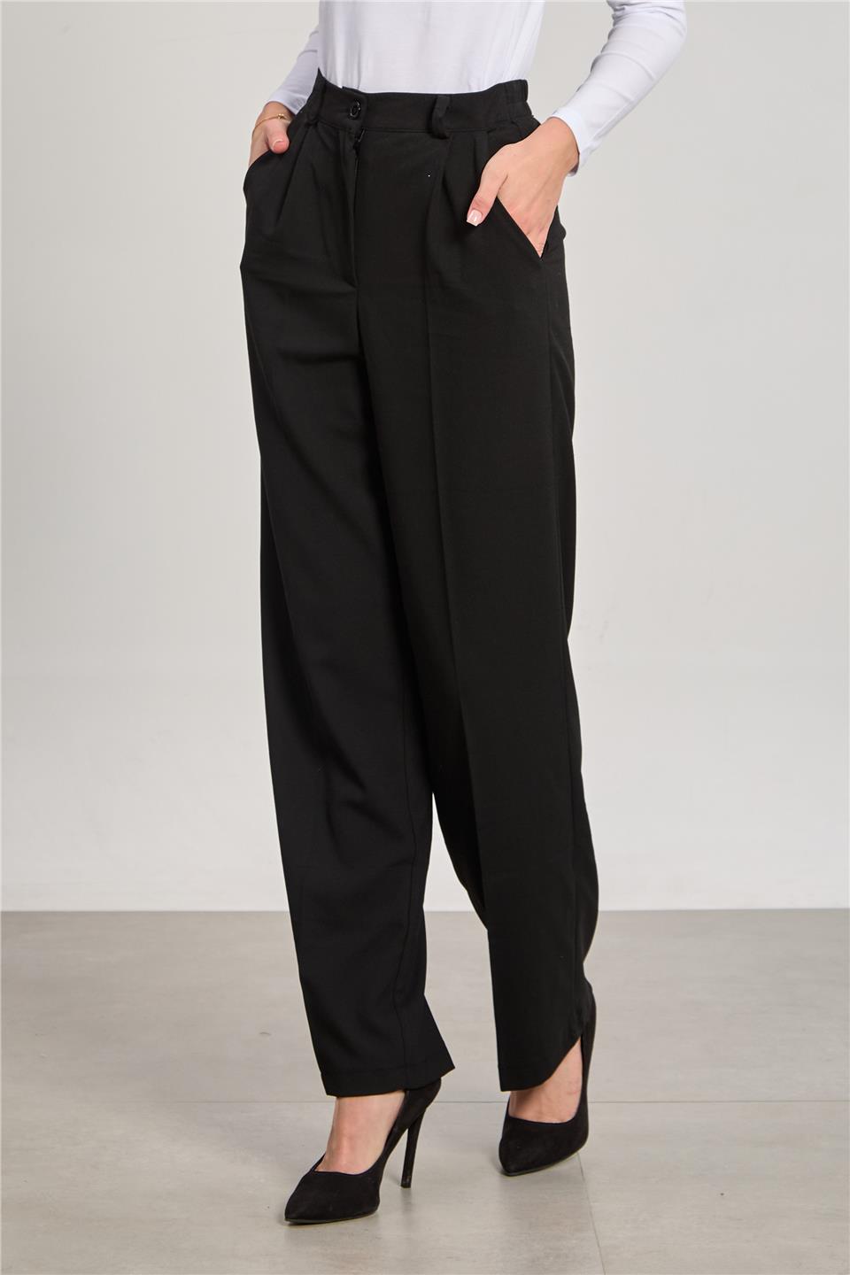 Kadın Beli Lastikli Palazzo Pantolon - Siyah 