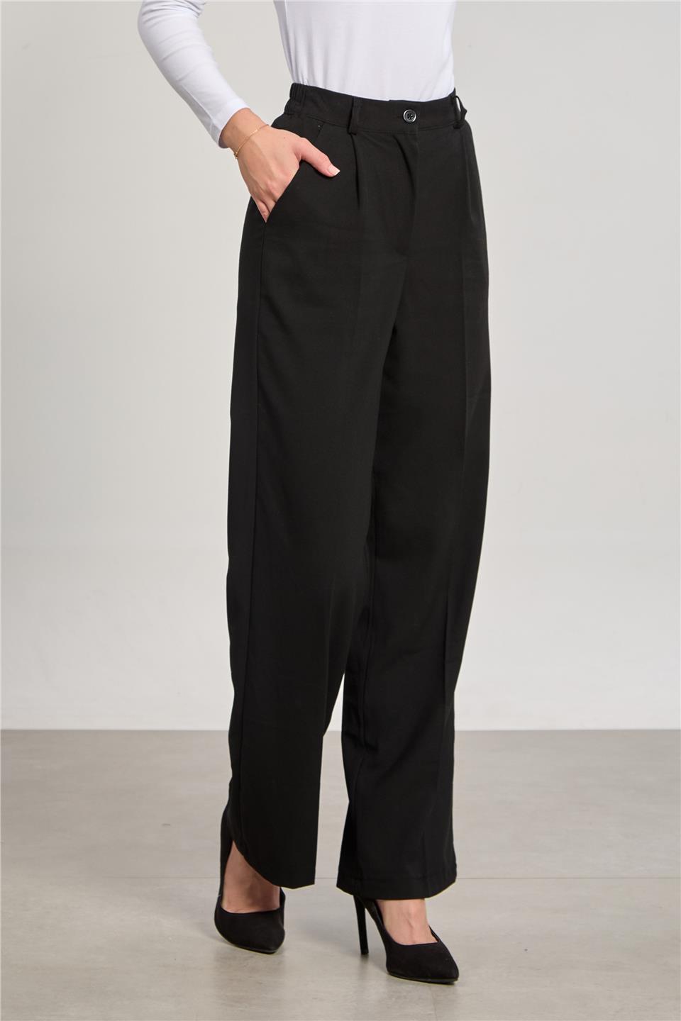 Kadın Beli Lastikli Palazzo Pantolon - Siyah 