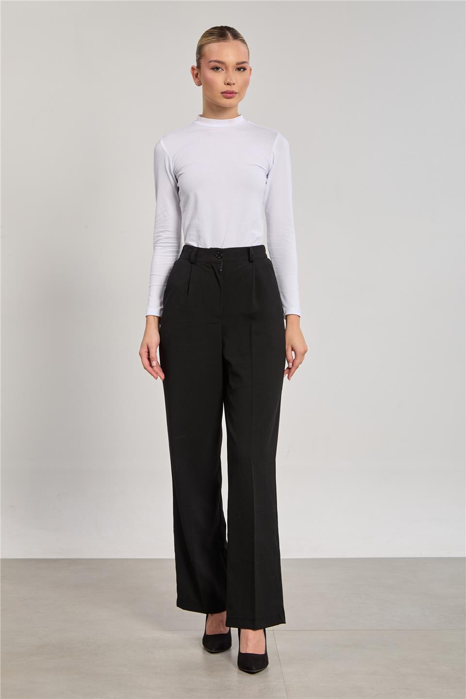 Kadın Beli Lastikli Palazzo Pantolon - Siyah 